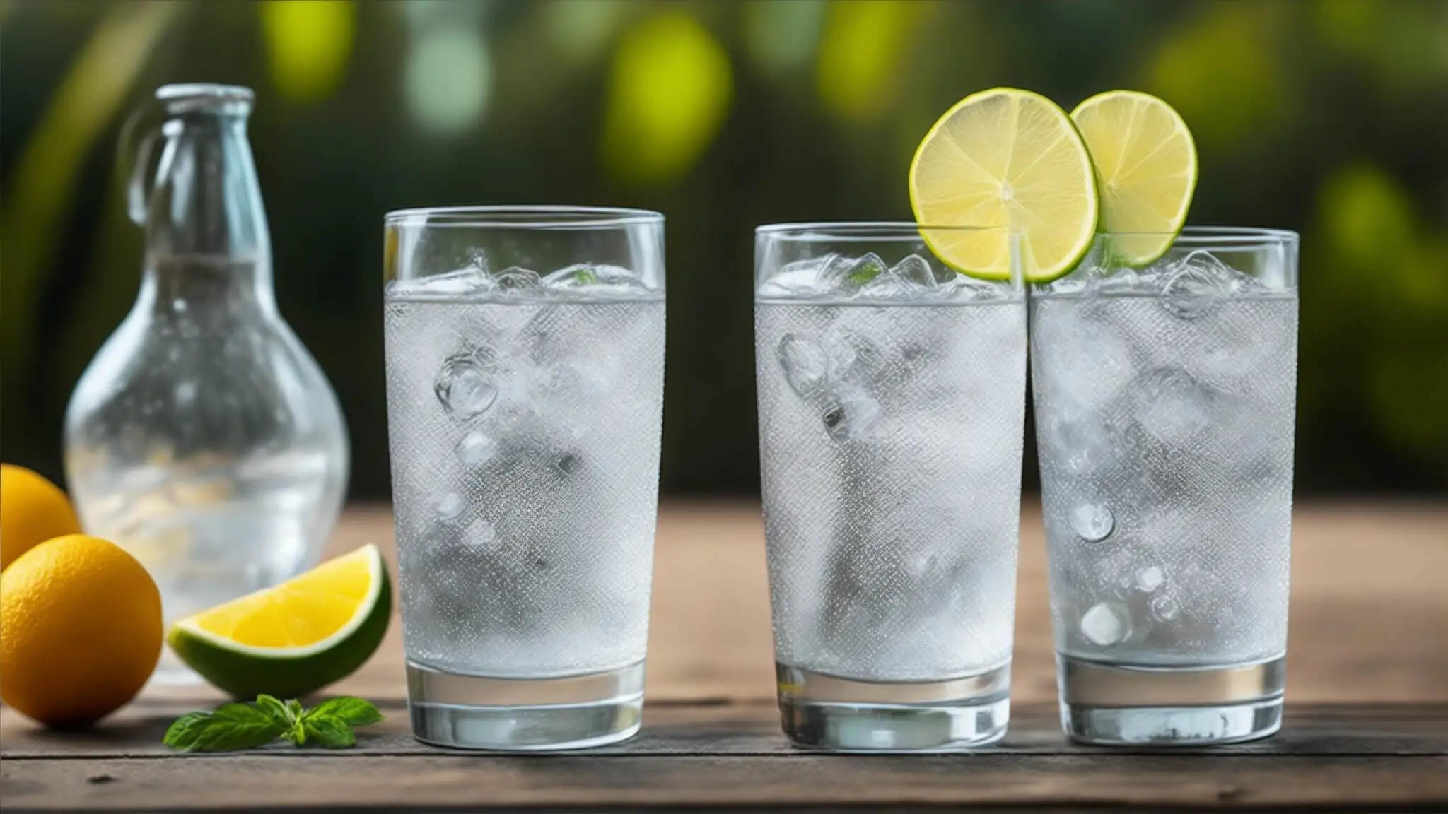 A glass of carbonated water with lemon