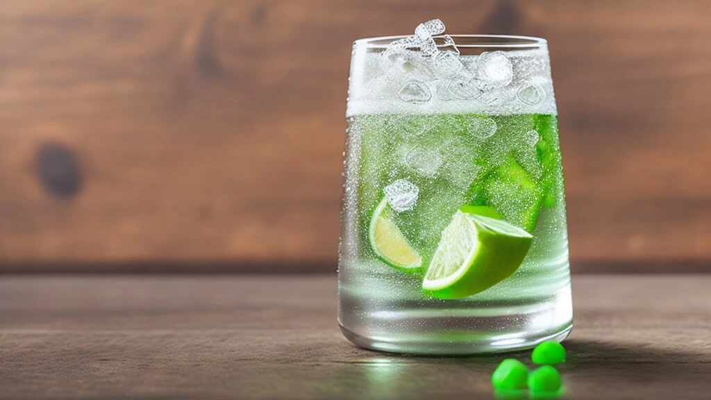 A glass with carbonated water and lime